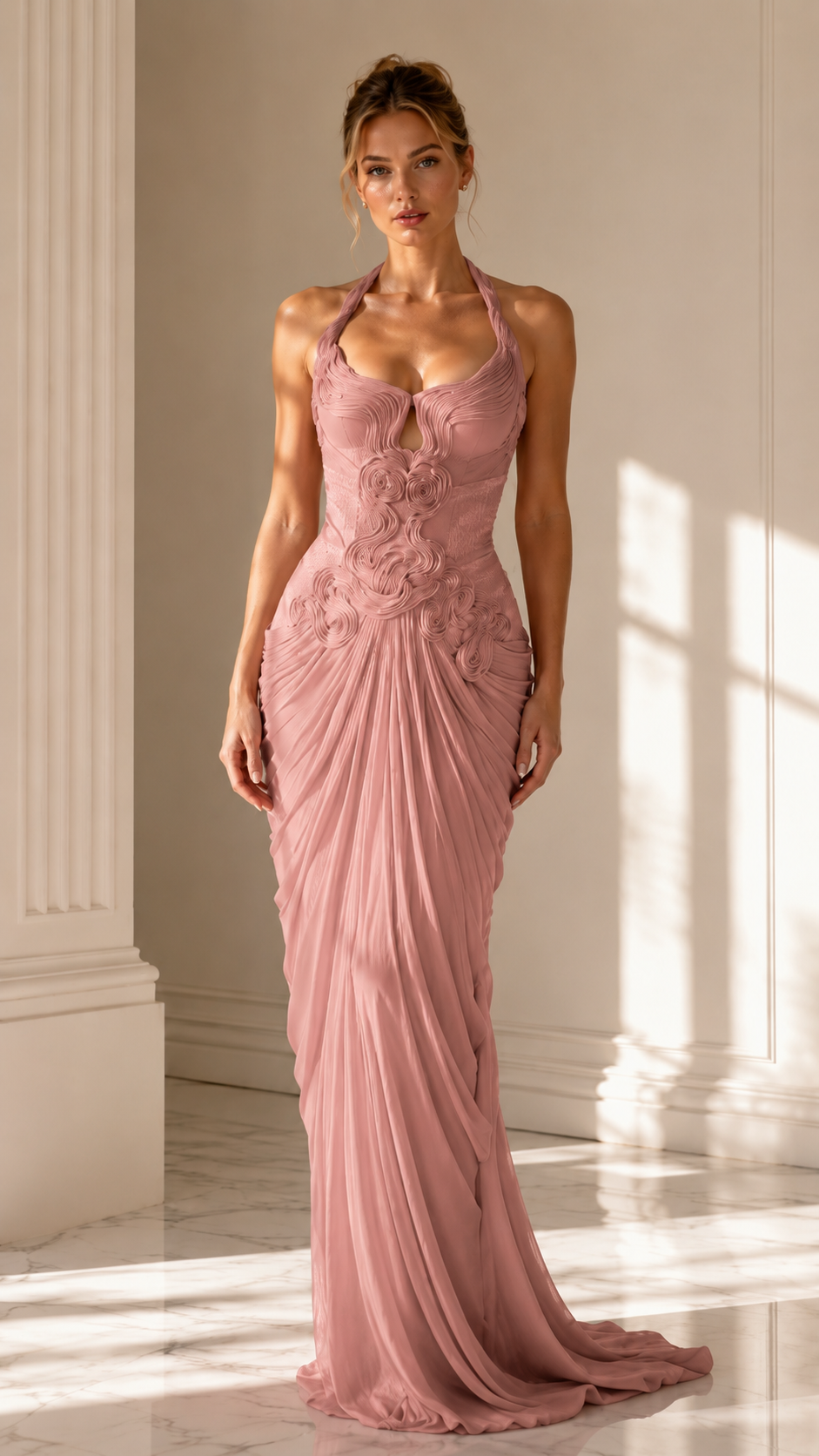 Front view of dusty pink halter neck ruched mermaid evening gown