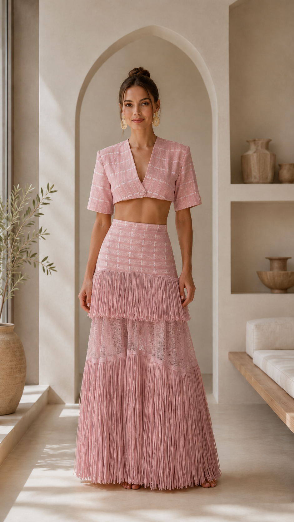 Front view of blush pink crop top and fringe maxi skirt matching set