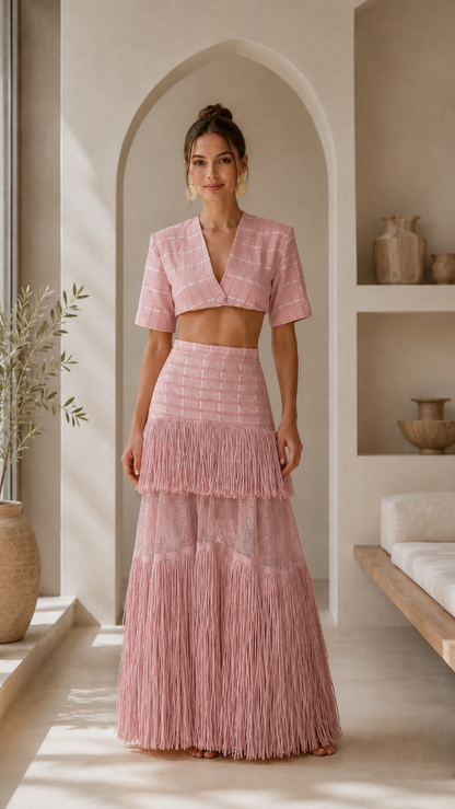 Front view of blush pink crop top and fringe maxi skirt matching set