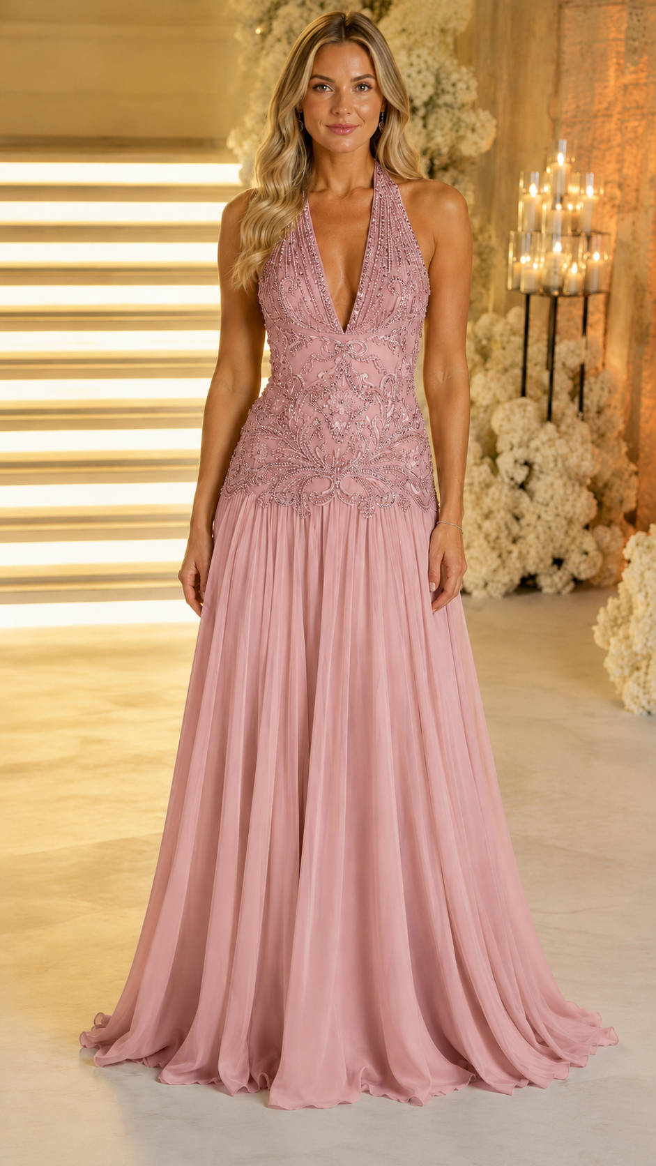 Front view of blush pink halter evening gown with embellished bodice and soft pleated skirt