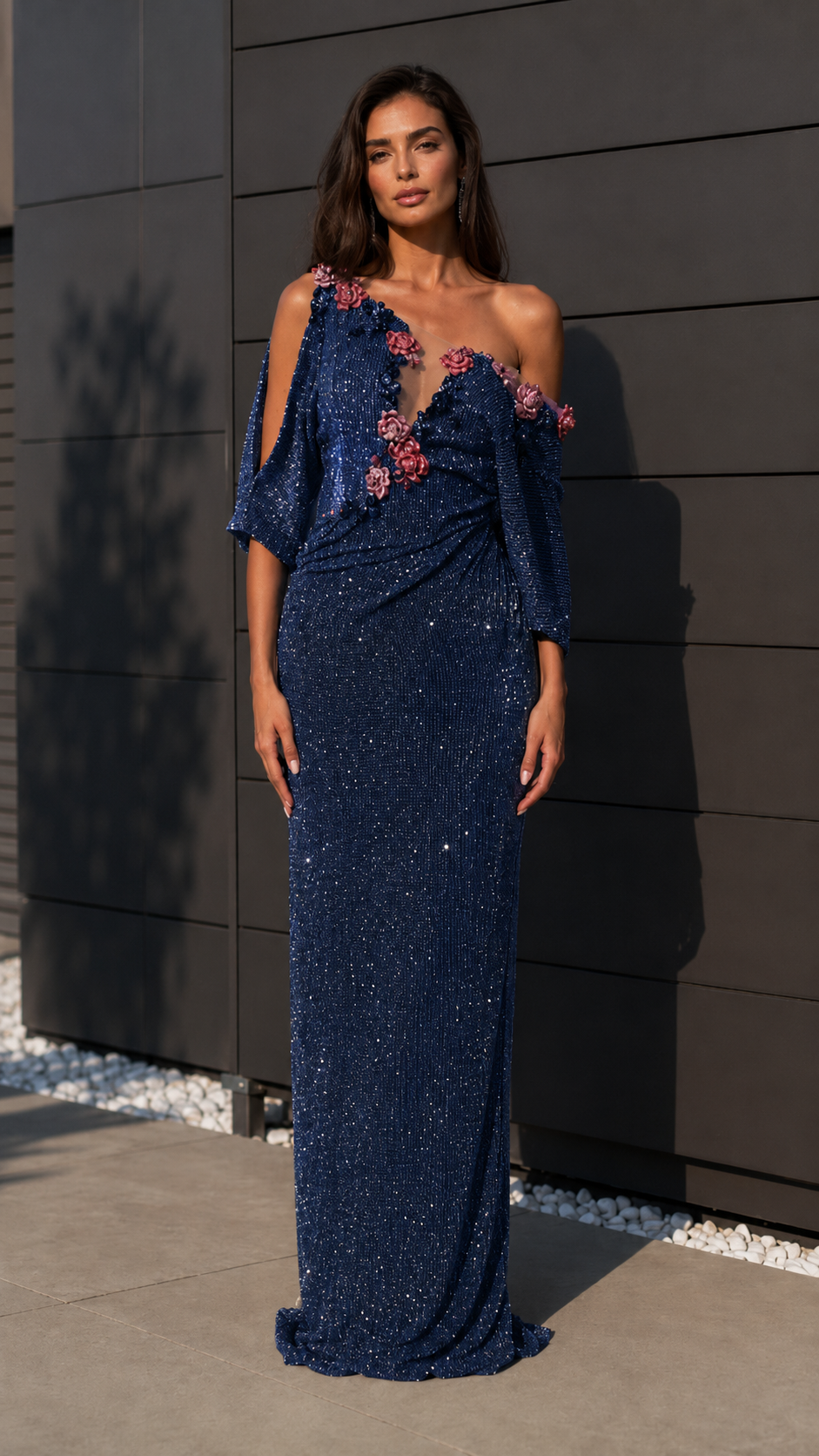 Navy blue one-shoulder sequin evening gown with floral appliqué front view