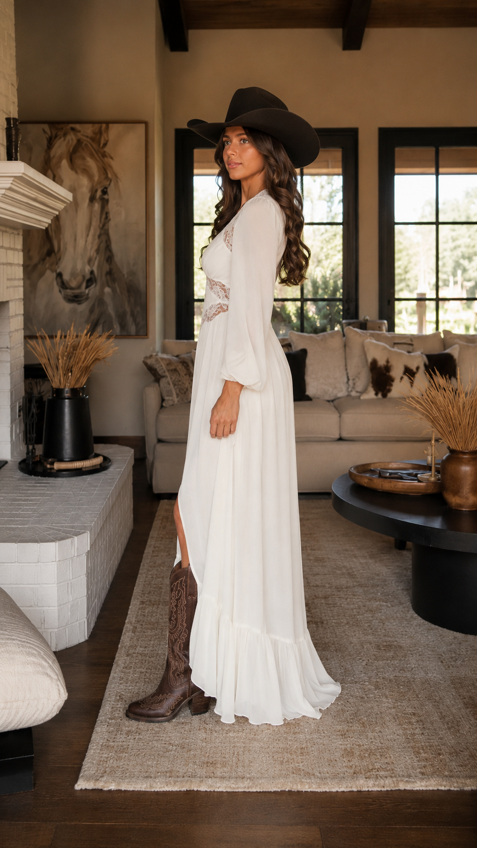 White lace trim long sleeve maxi dress side view