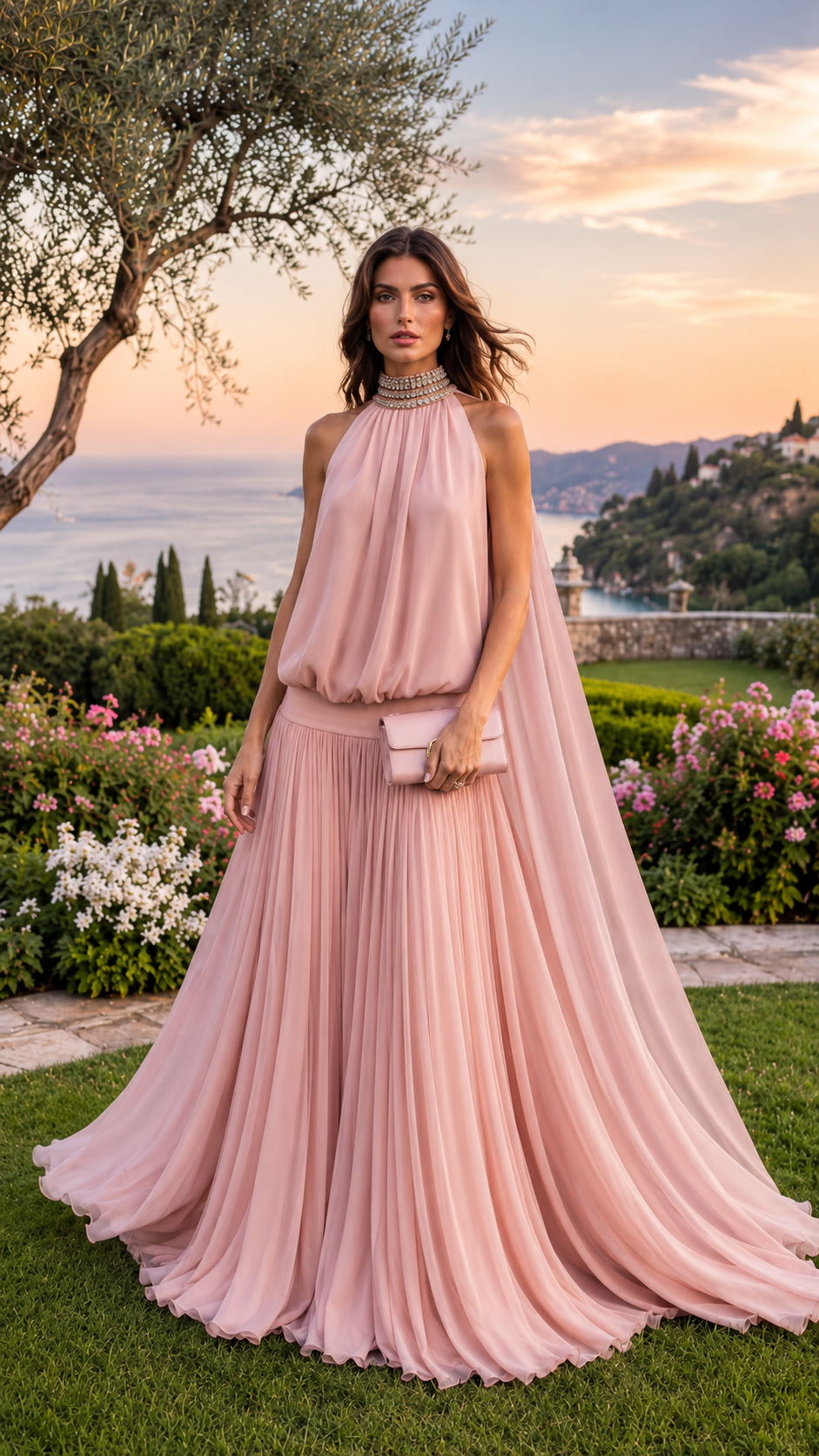 Front view of blush pink halter evening gown with soft draped bodice and pleated maxi skirt