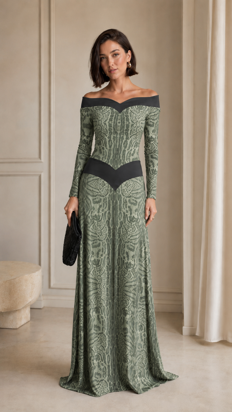 Front view of sage off-shoulder textured evening gown with floor-length drape