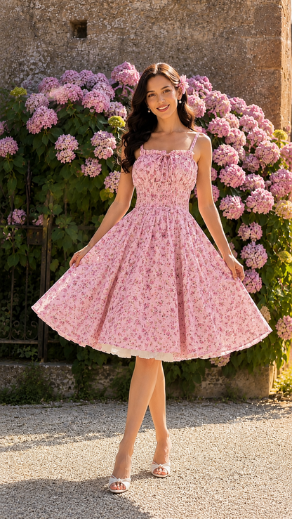 Front view of pink floral smocked midi sundress with tie-front neckline