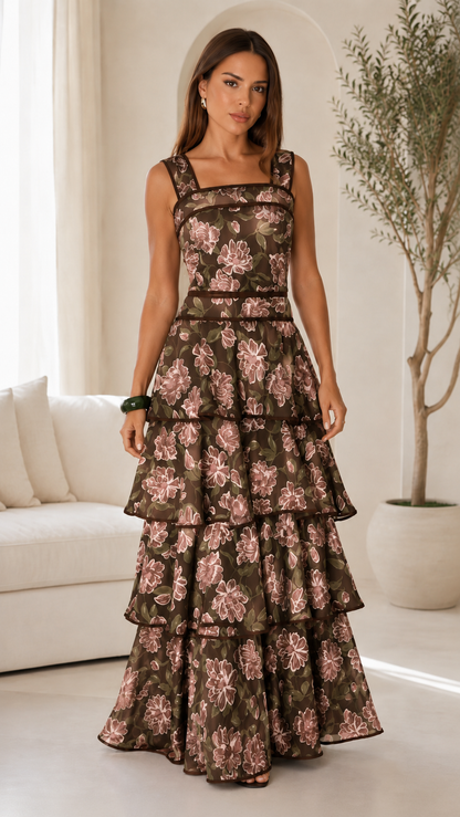 Front view of olive floral square neck tiered maxi dress