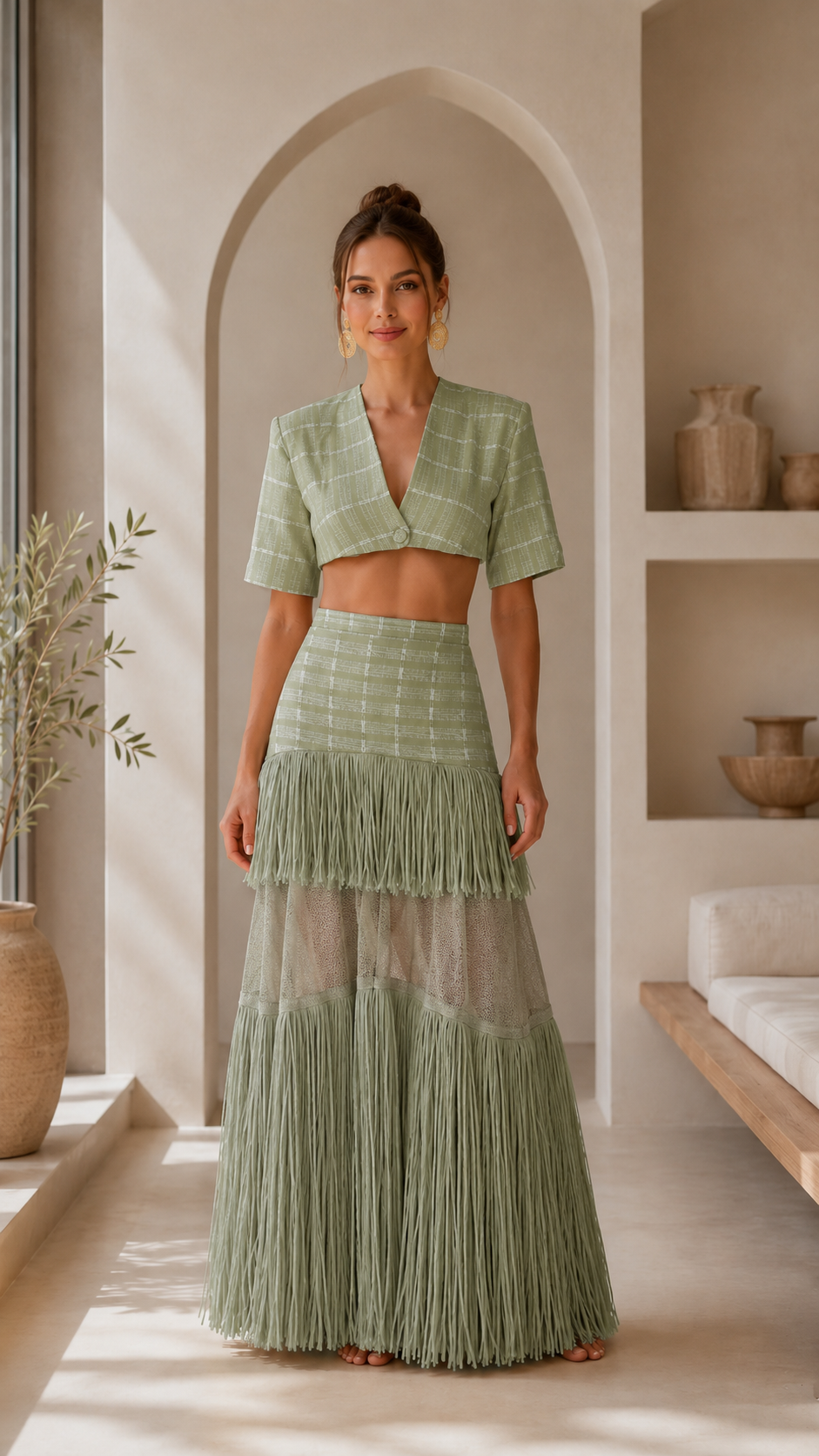 Front view of sage green crop top and fringe maxi skirt matching set