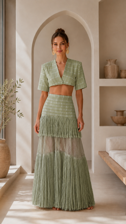 Front view of sage green crop top and fringe maxi skirt matching set