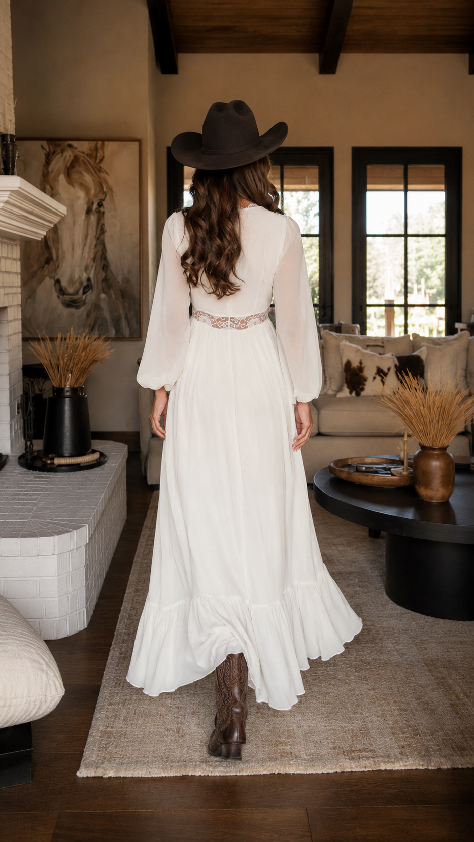 White lace trim long sleeve maxi dress back view