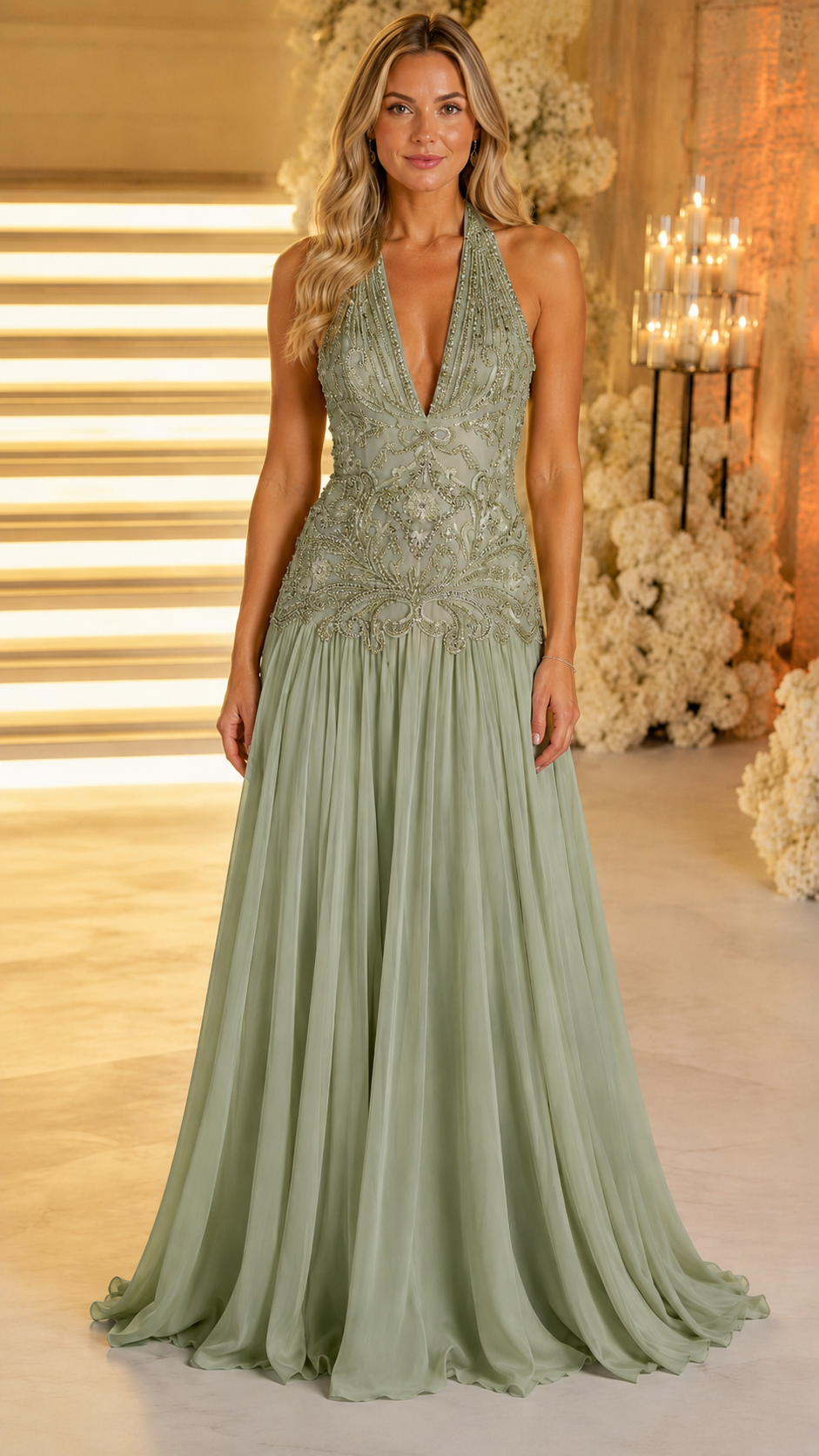 Front view of sage green halter formal gown with ornate bodice and flowing hem