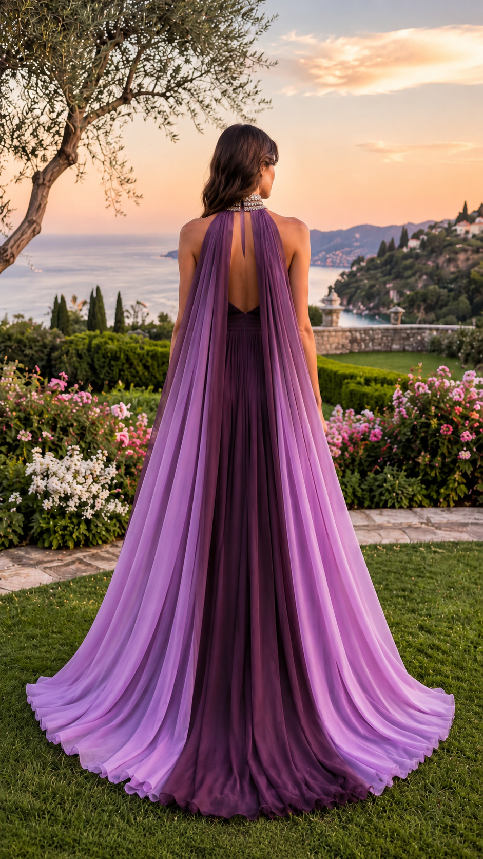 Back view of purple ombre evening gown showing open back and dramatic cape-inspired panels