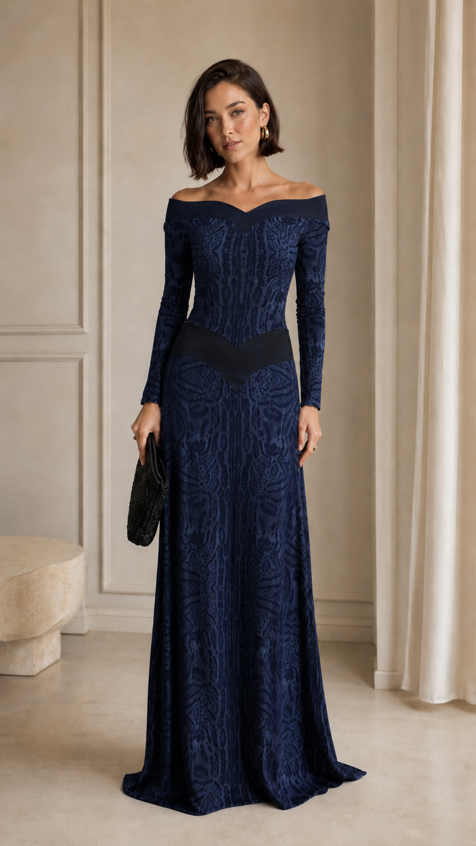 Front view of navy off-shoulder textured maxi formal dress with long sleeves
