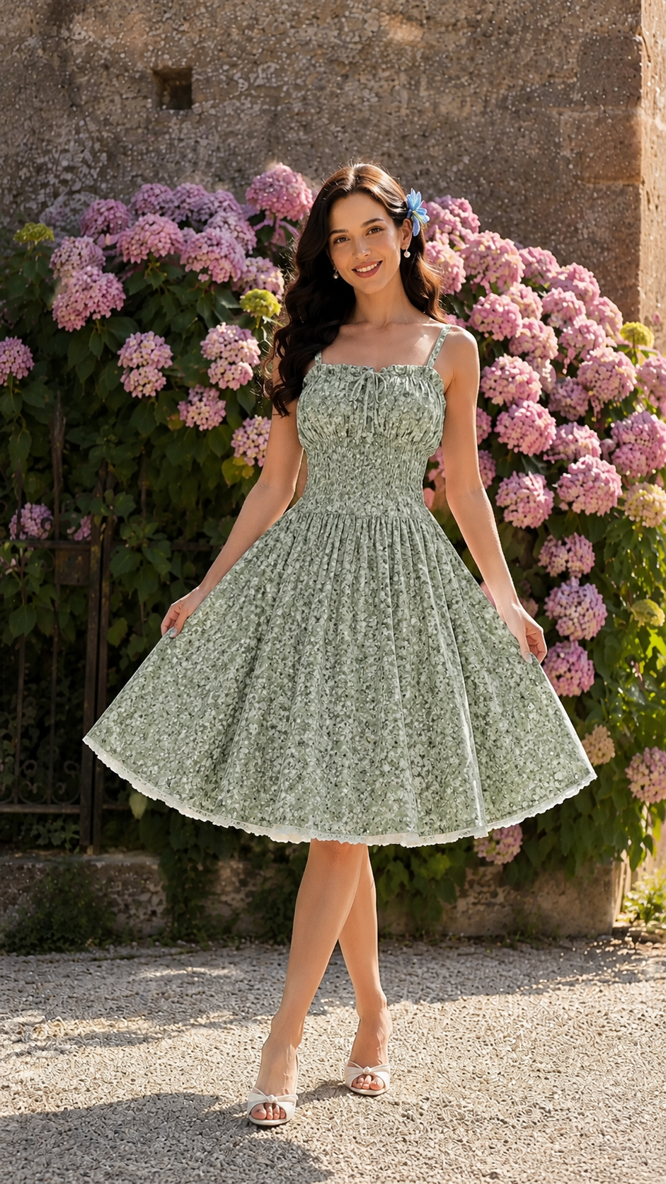 Front view of sage floral smocked midi sundress with fitted bodice and swing skirt