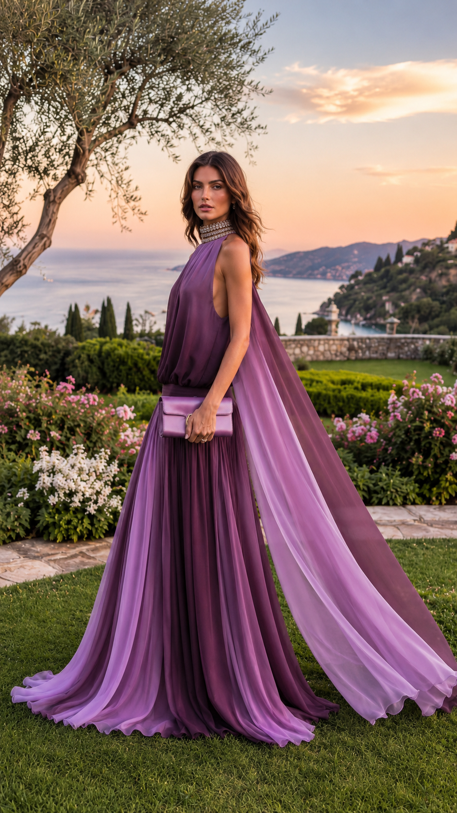 Side view of purple ombre pleated formal gown with sweeping chiffon-like drape