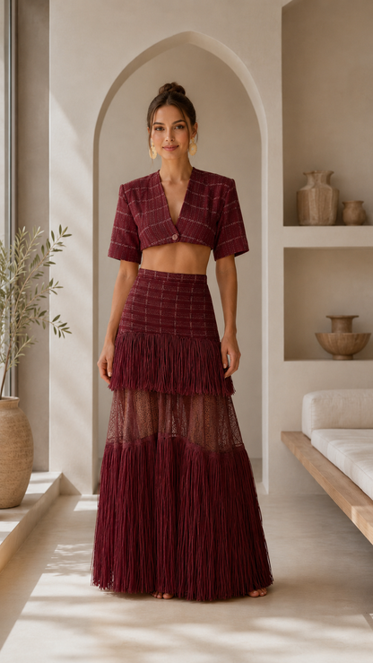Front view of burgundy crop top and fringe maxi skirt matching set
