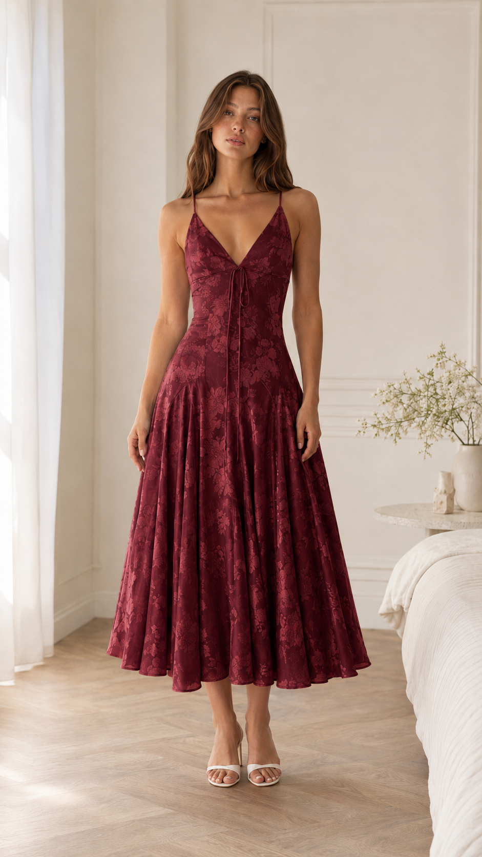 Burgundy floral textured midi slip dress front view with elegant midi length