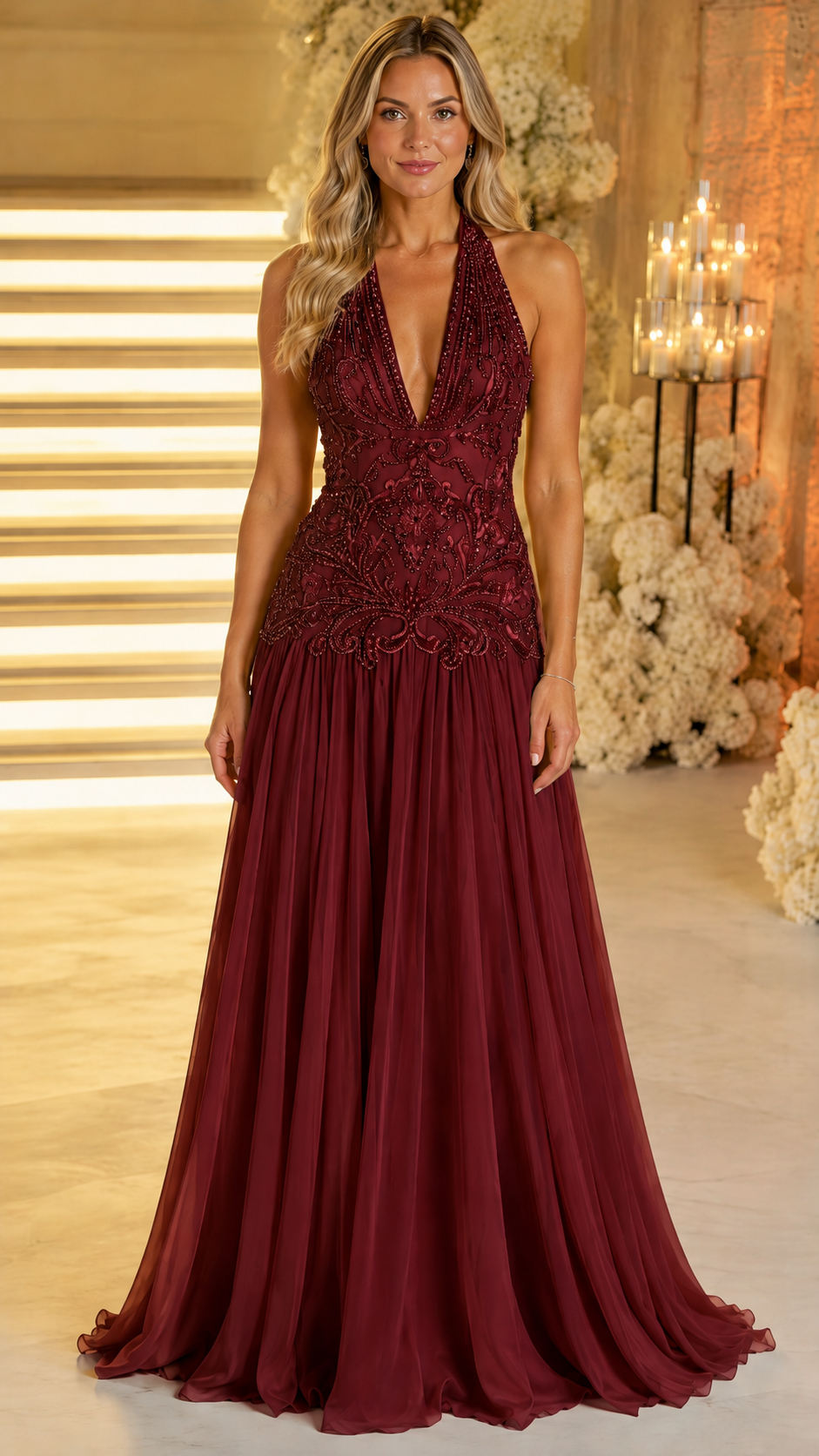 Front view of burgundy halter plunge evening gown with embellished bodice and long skirt