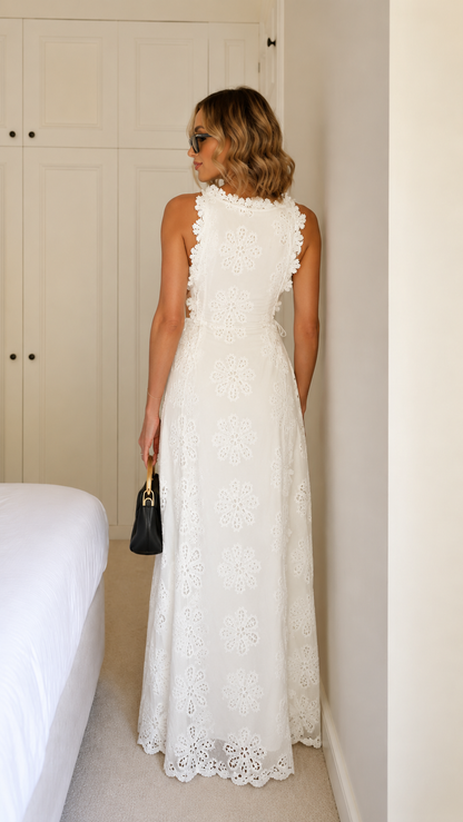 White sleeveless floral lace maxi dress back view