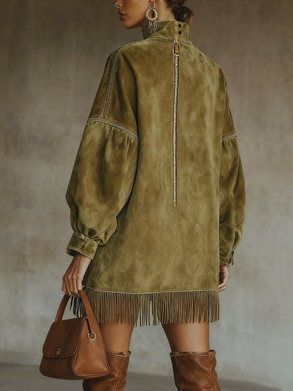 24-Hour-Shipping Olive Faux Suede Turtleneck Dress With Fringe Hem