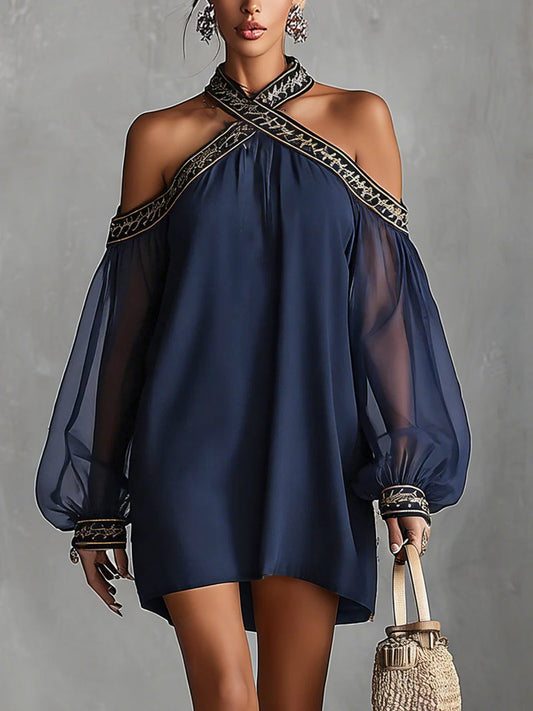 Navy Off-Shoulder Chiffon Mini Dress