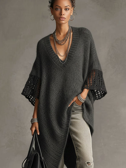 24-Hour-Shipping Gray Asymmetric Hem Loose Knit Dress With Crochet Mid Sleeves