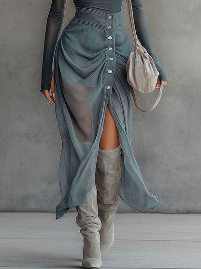 Blue Stretch Knit Chiffon Off-shoulder Maxi Dress With Slit Hem