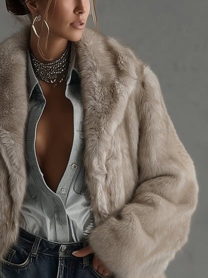 24-Hour-Shipping Soft Taupe Faux Fur Oversized Long Sleeve Coat