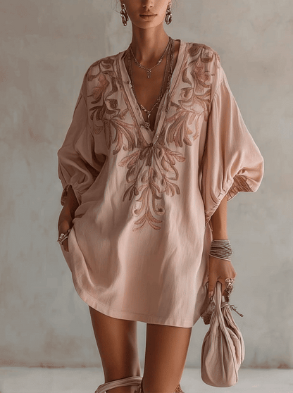 Pink Cotton Linen Mini Dress With Vintage Floral Embroidery