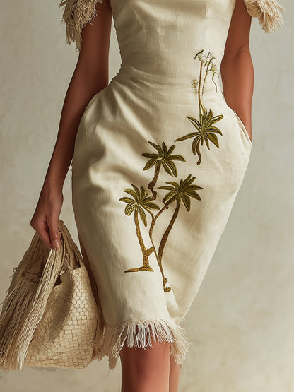 Beige Linen Embroidered Tassel Mini Dress