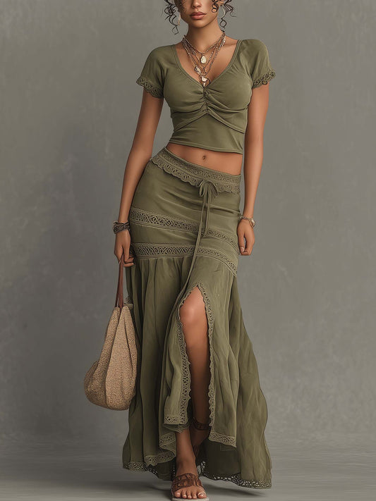 Olive Green Lace Trim Two-Piece Set