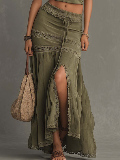 Olive Green Lace Trim Two-Piece Set