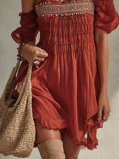 Vintage Red Chiffon Embroidered Mini Dress