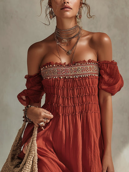 Vintage Red Chiffon Embroidered Mini Dress