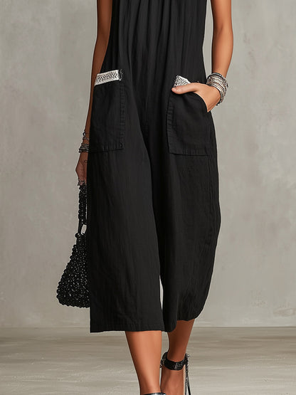 Black Crochet-Trim Wide-Leg Jumpsuit