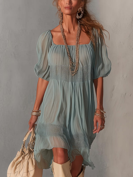 Blue Pleated Lace Midi Dress