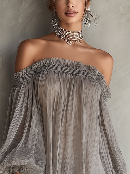 Gray Off-Shoulder Chiffon Mini Dress With Lace Hem