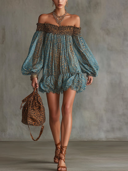 Blue Leopard Print Off-Shoulder Chiffon Mini Dress With Ruffled Hem