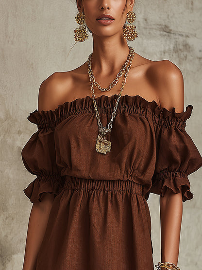 Off-Shoulder Brown Embroidered Mini Dress With Puff Sleeves