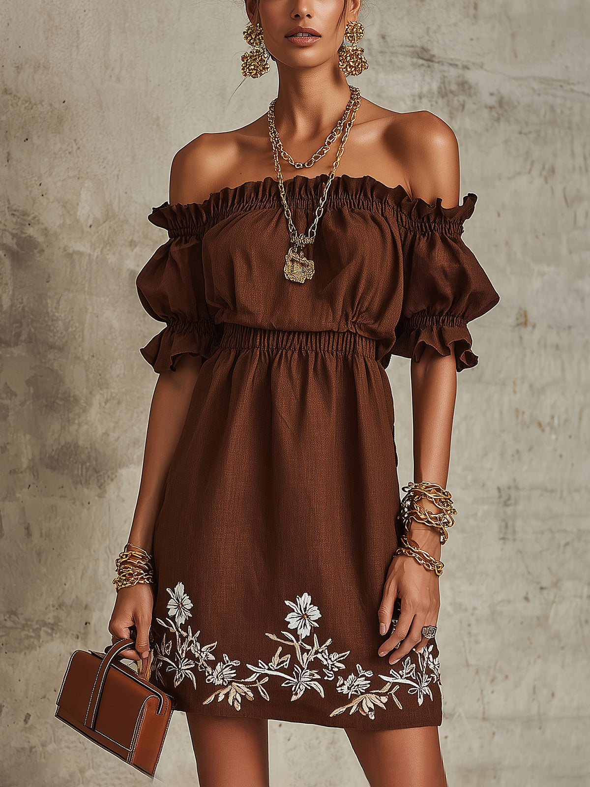Off-Shoulder Brown Embroidered Mini Dress With Puff Sleeves