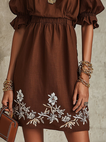 Off-Shoulder Brown Embroidered Mini Dress With Puff Sleeves