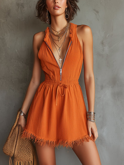 Deep V-Neck Orange Zip-Front Mini Dress With Fringe Hem