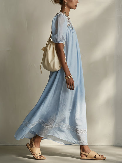 Blue Asymmetrical Linen And Lace Maxi Dress