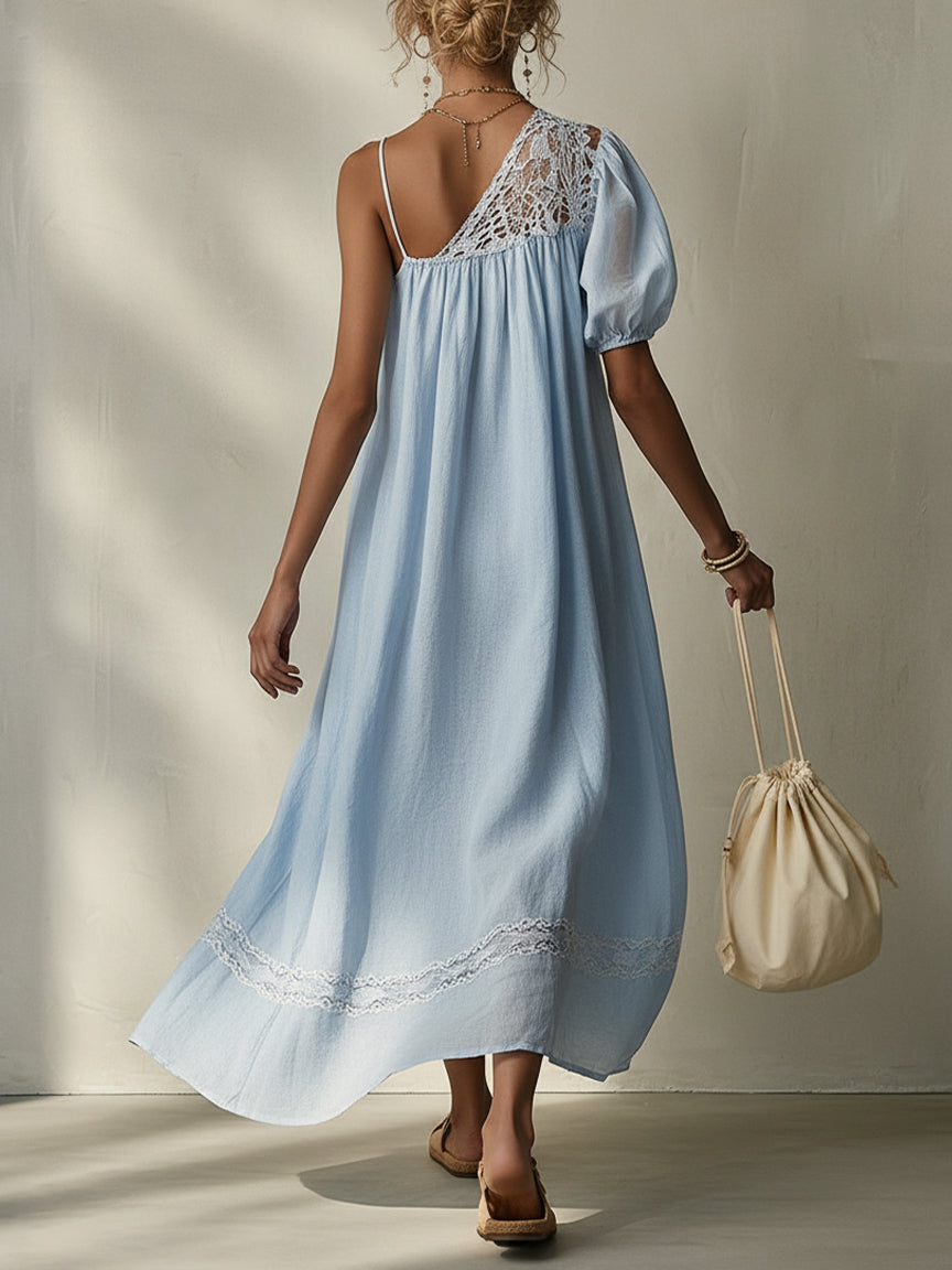 Blue Asymmetrical Linen And Lace Maxi Dress