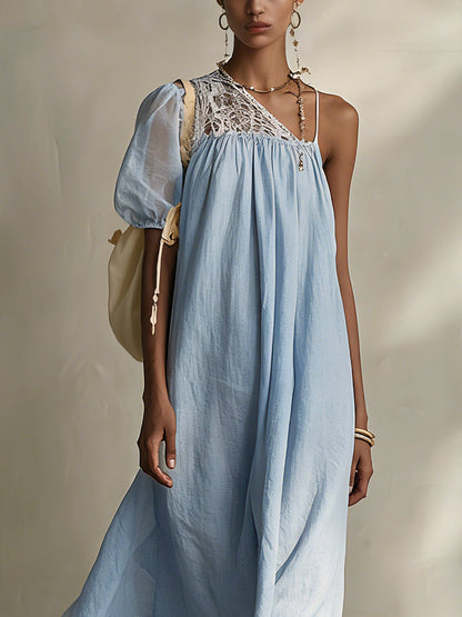 Blue Asymmetrical Linen And Lace Maxi Dress