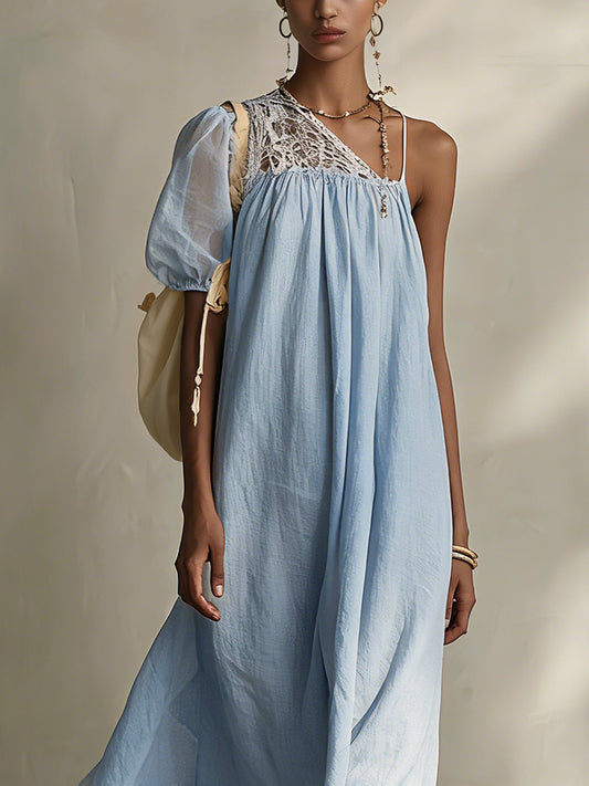 Blue Asymmetrical Linen And Lace Maxi Dress