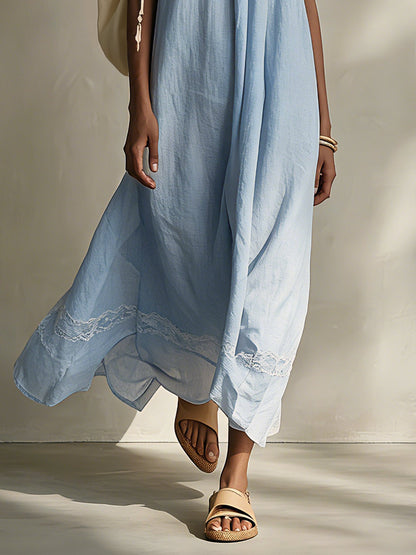 Blue Asymmetrical Linen And Lace Maxi Dress