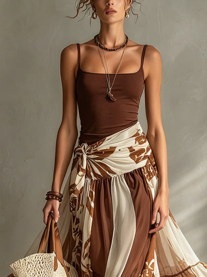 Brown Elastic Top And Chiffon Print Skirt Set