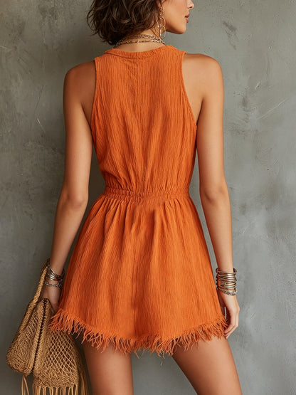 Deep V-Neck Orange Zip-Front Mini Dress With Fringe Hem