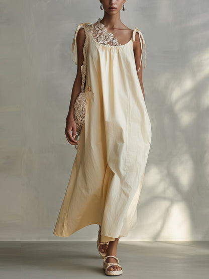 Pale Yellow Lace Tie Sleeveless Maxi Dress