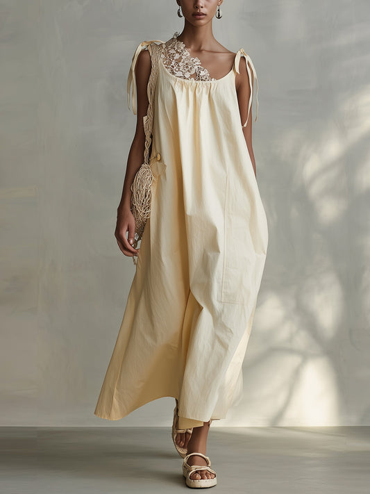 Pale Yellow Lace Tie Sleeveless Maxi Dress